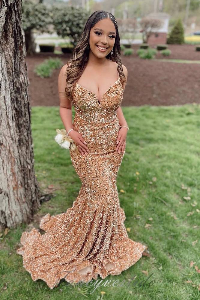 Gorgeous Mermaid V Neck Gold Sequins Prom Dress with Beading AB26010601 main image 1