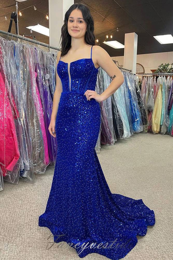 Elegant Straps Royal Blue Sequin Mermaid Prom Dress – FancyVestido