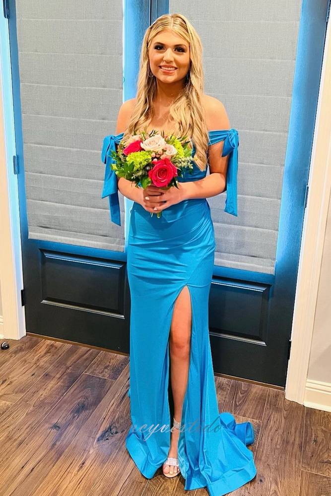 Elegant Pleated Sheath Slit Prom Dress with Bow Off Shoulder