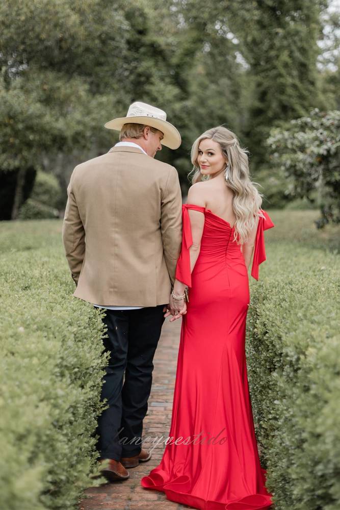 Elegant Pleated Sheath Slit Prom Dress with Bow Off Shoulder