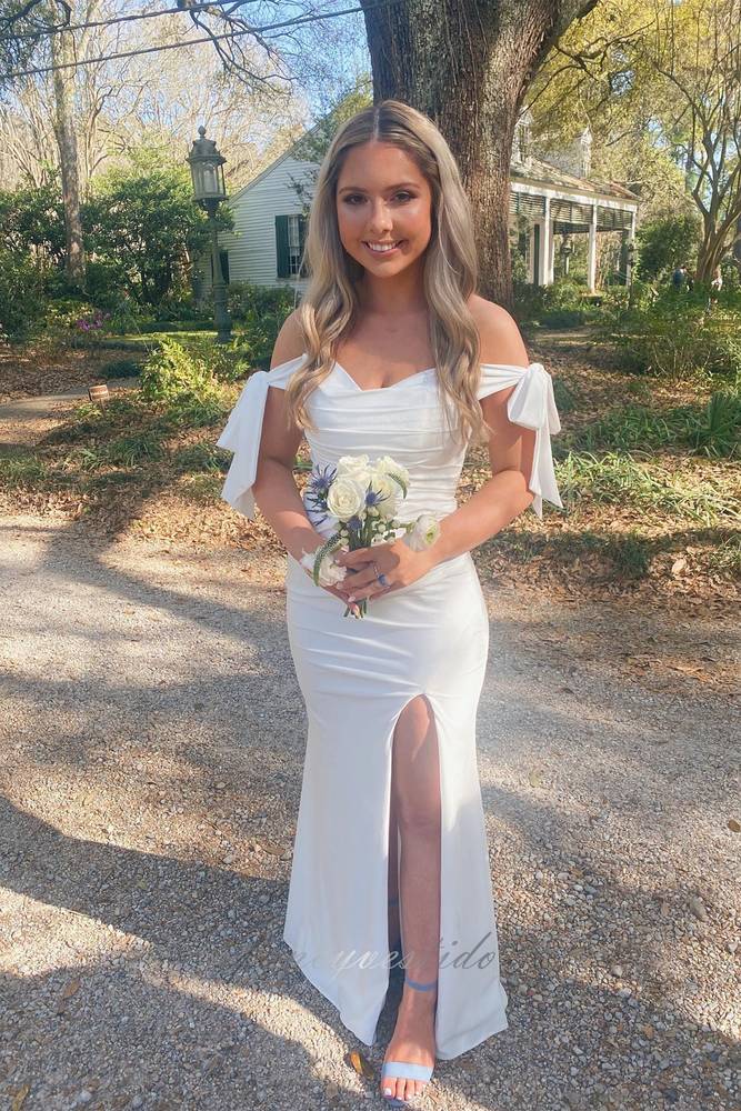 Elegant Pleated Sheath Slit Prom Dress with Bow Off Shoulder