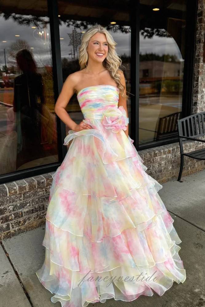 Strapless Pleated Colourful A-Line Ruffle Prom Dress with Floral