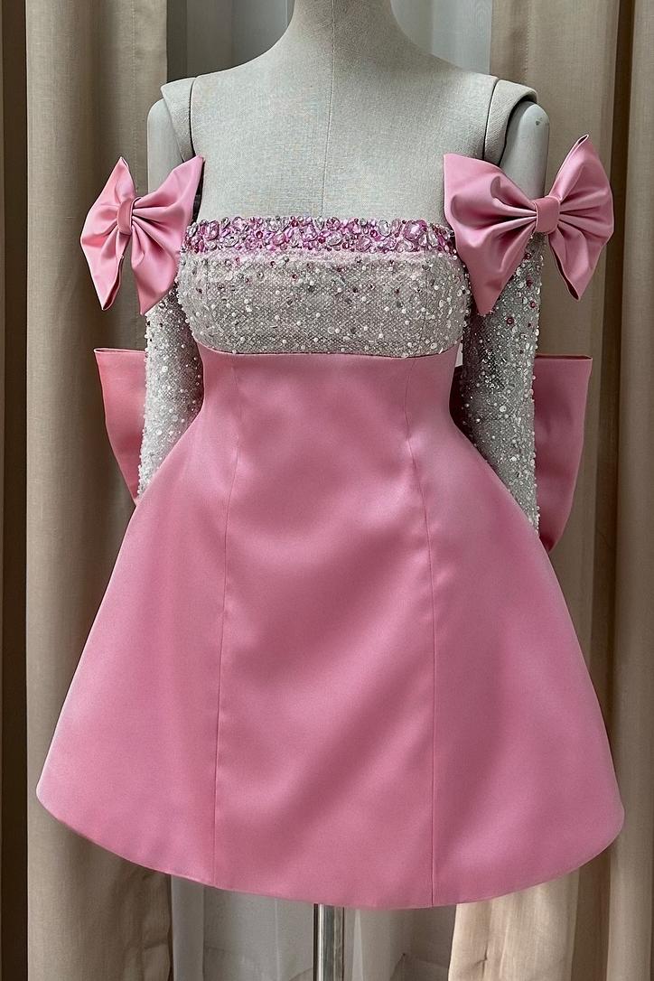 Strapless Rhinestones A-Line Prom Dress with Detachable Bow Sleeves