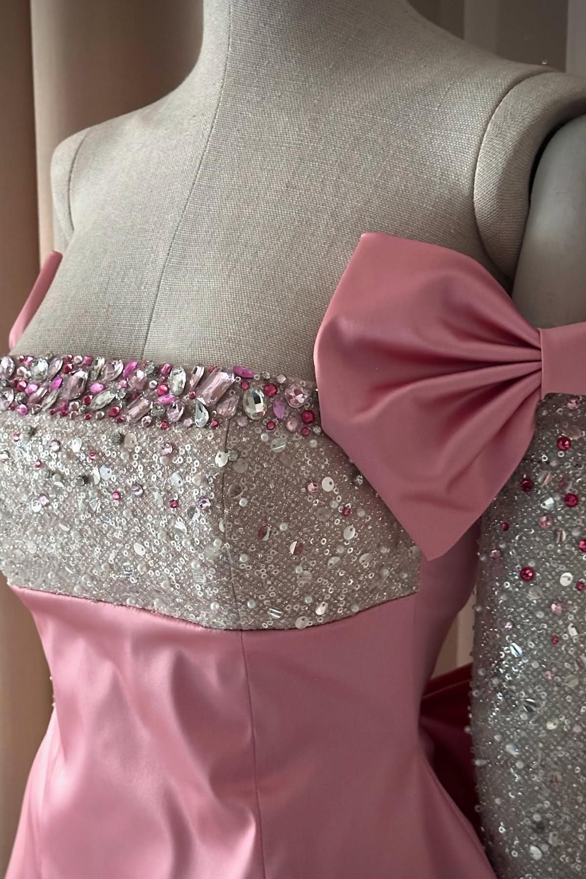 Strapless Rhinestones A-Line Prom Dress with Detachable Bow Sleeves