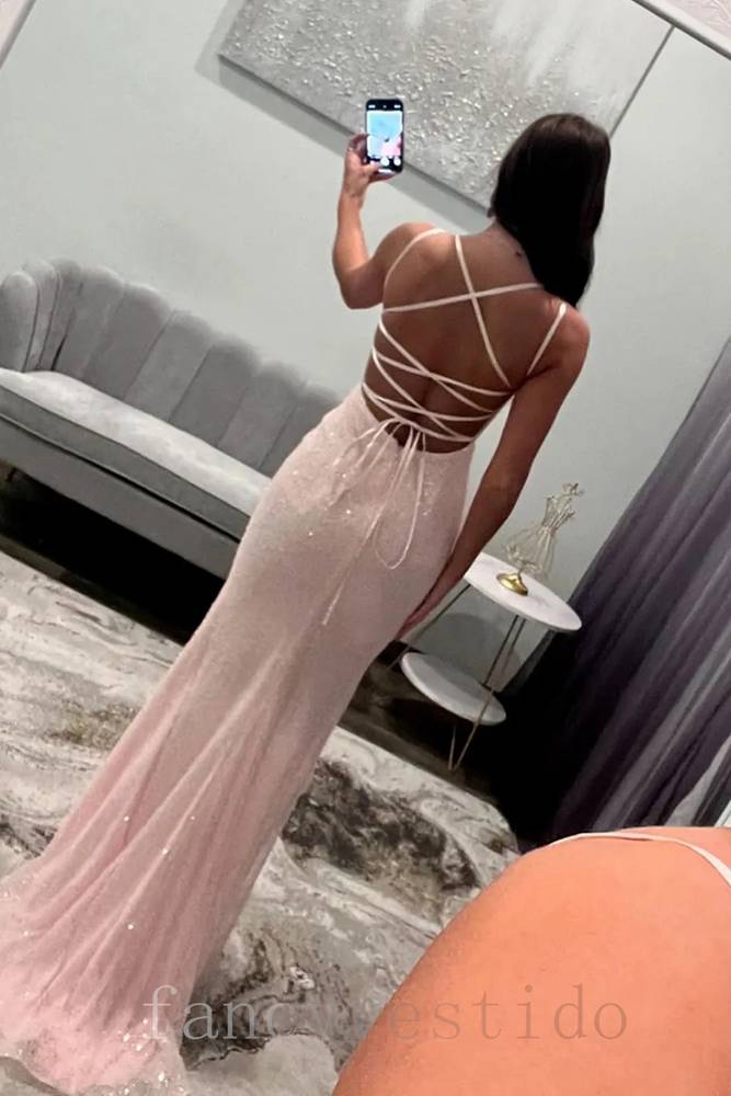 Double Straps Pink Sequin Mermaid Prom Dress with Folral