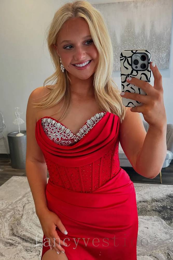 Sweetheart Red Sequin Beaded Mermaid Prom Dress with Slit