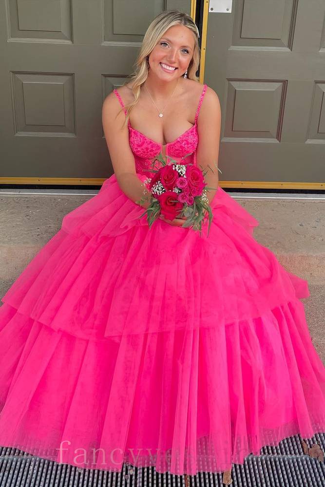 V-Neck Applique Hot Pink A-Line Layered Prom Dress