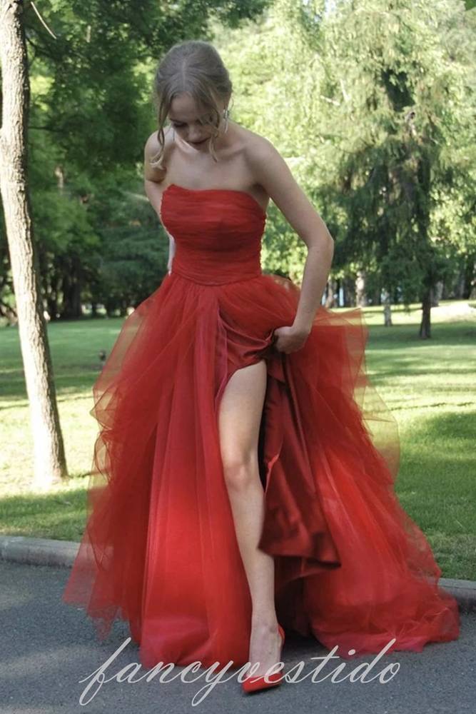 Red Strapless Layered A-Line Tulle Prom Dress with Slit