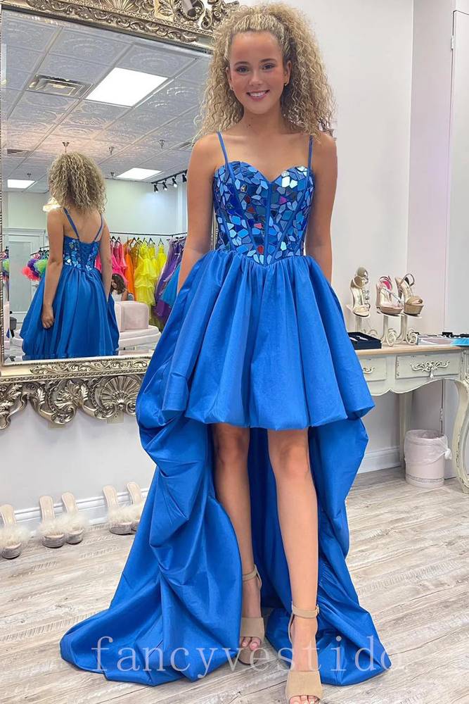 Straps Mirror-Sequin A-Line Prom Dress with Hi-Low