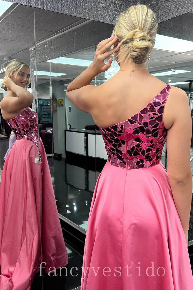 One SHoulder Mirror-Sequin A-Line Prom Dress with Slit