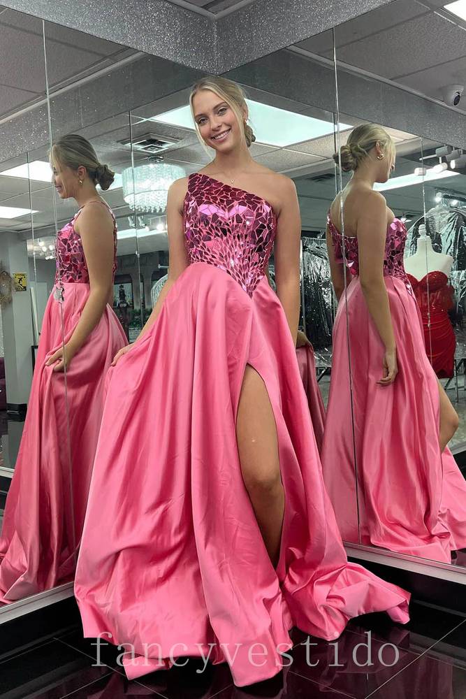One SHoulder Mirror-Sequin A-Line Prom Dress with Slit