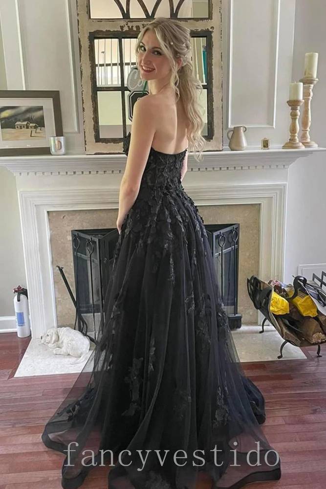 Elegant Sweetheart Black Applique Tulle Prom Dress