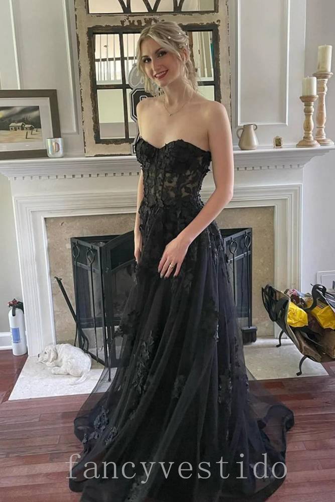 Elegant Sweetheart Black Applique Tulle Prom Dress