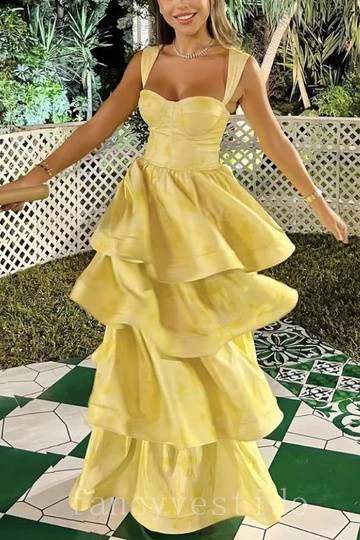 Elegant Starps Yellow Floral Print Ruffle Prom Dress