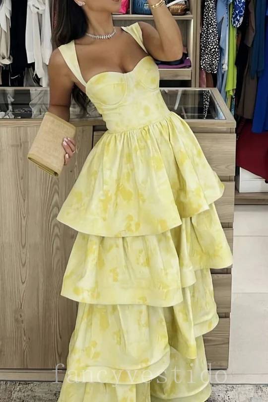Elegant Starps Yellow Floral Print Ruffle Prom Dress