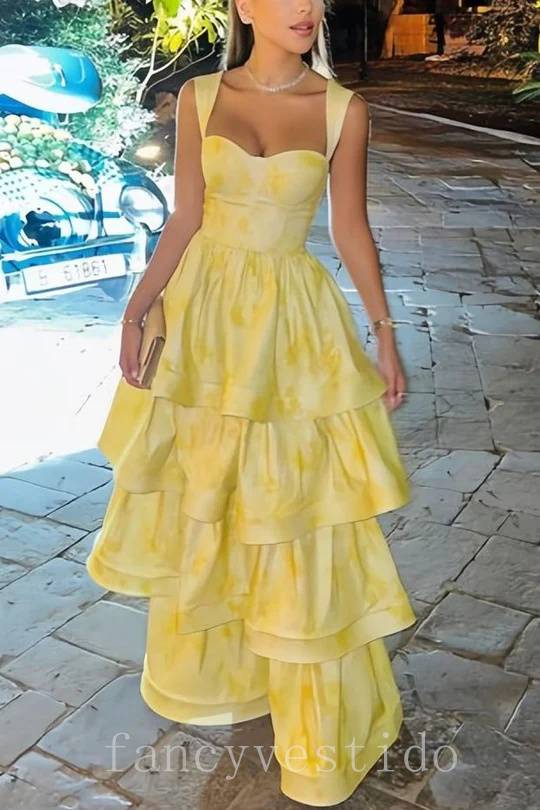 Elegant Starps Yellow Floral Print Ruffle Prom Dress