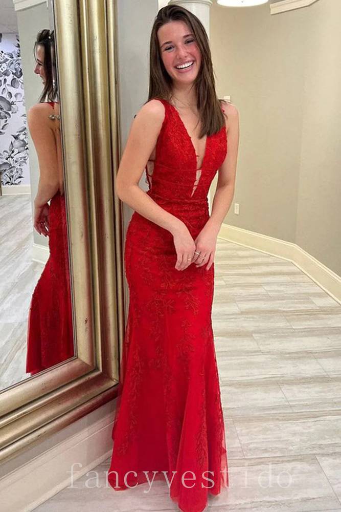 Pluning V-Neck Applique Mermaid Prom Dress with Open Back