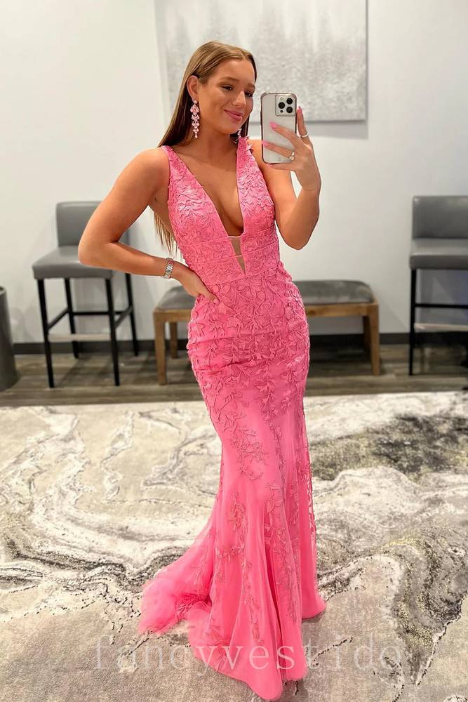 Pluning V-Neck Applique Mermaid Prom Dress with Open Back