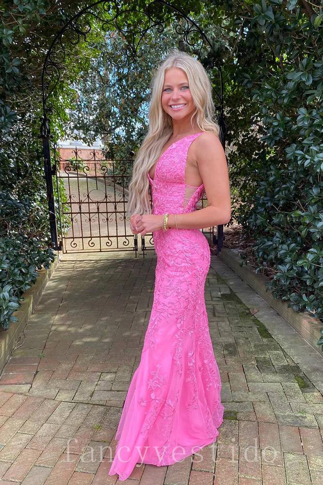 Pluning V-Neck Applique Mermaid Prom Dress with Open Back