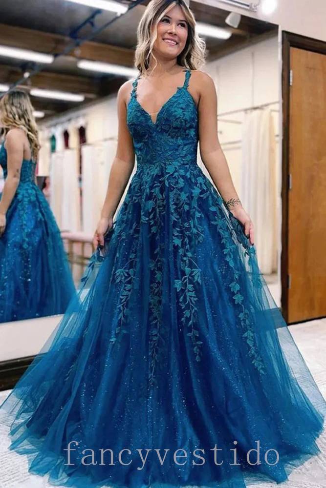 Straps Applique A-Line Tulle Prom Dress with Lace-Up
