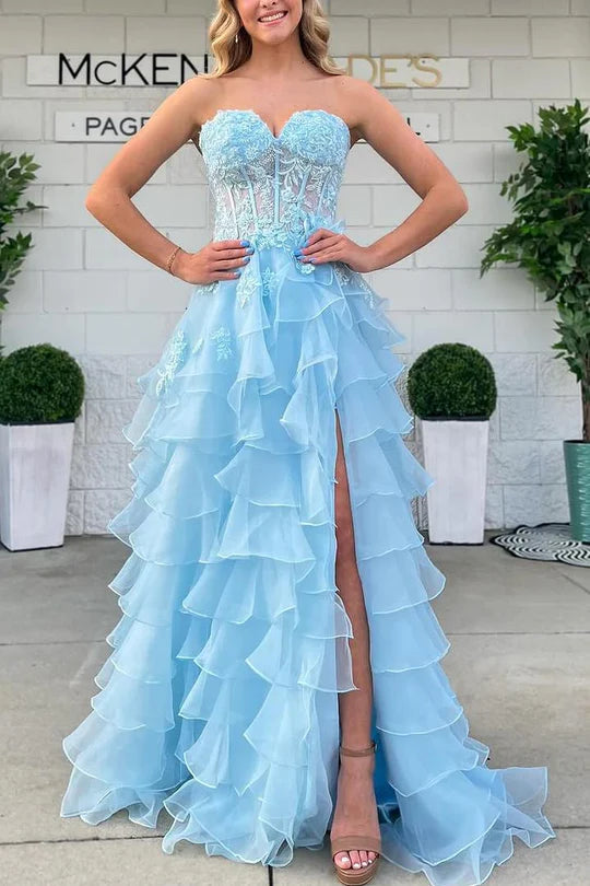 Sky Blue Sweetheart Applique Ruffle Prom Dress with Slit