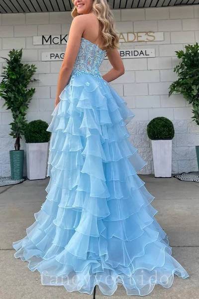 Sky Blue Sweetheart Applique Ruffle Prom Dress with Slit