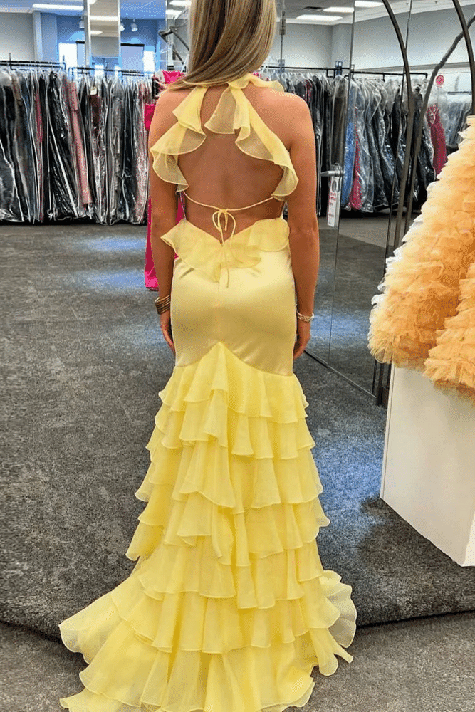 Halter Ruffle Mermaid Prom Dress with Open Back