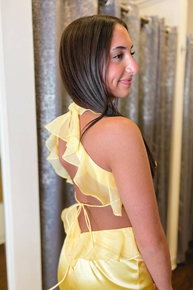 Halter Ruffle Mermaid Prom Dress with Open Back