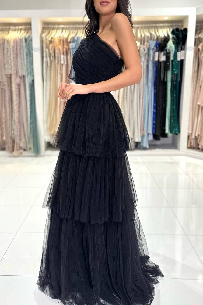 Black PleatedOne Shoulder Black Ruffle Prom Dress