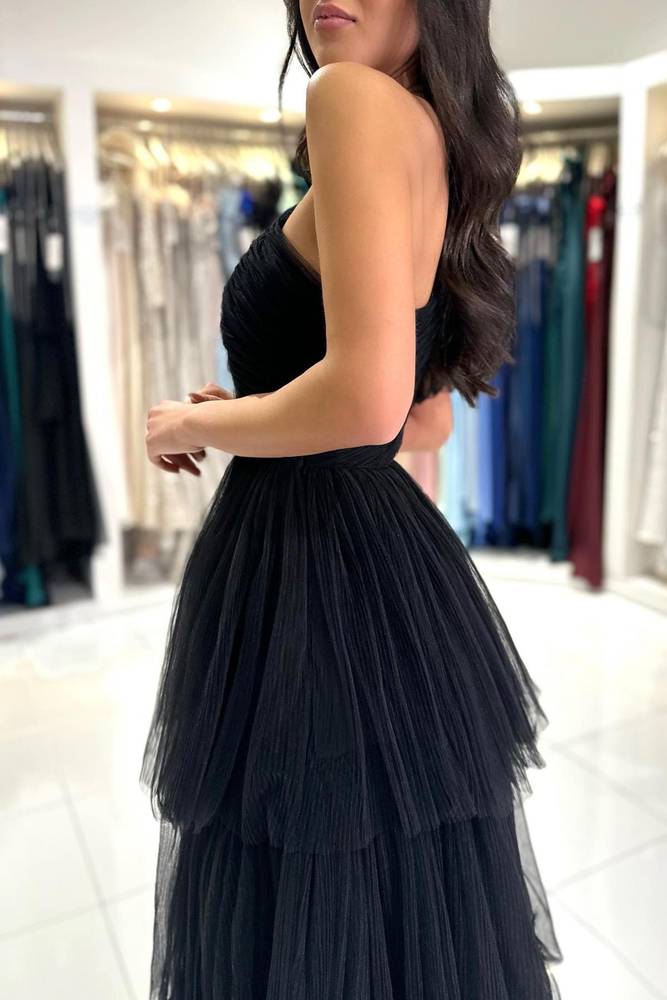Black PleatedOne Shoulder Black Ruffle Prom Dress