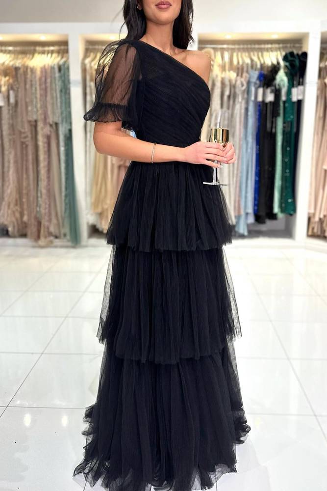 Black PleatedOne Shoulder Black Ruffle Prom Dress