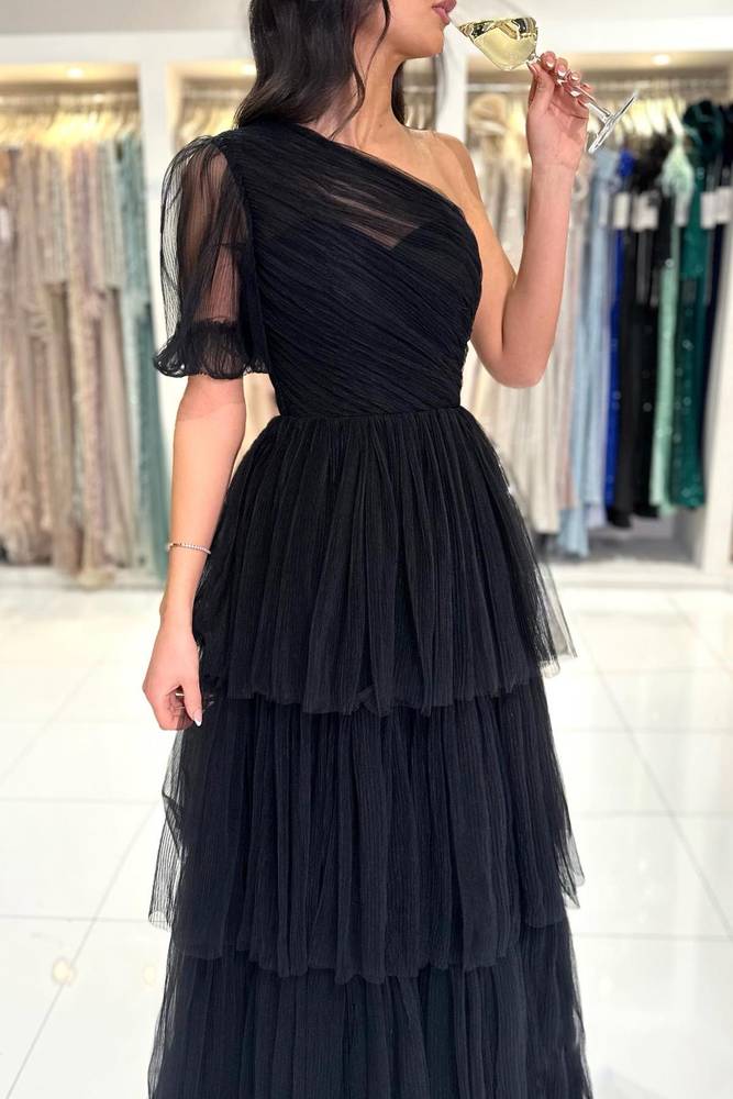 Black PleatedOne Shoulder Black Ruffle Prom Dress