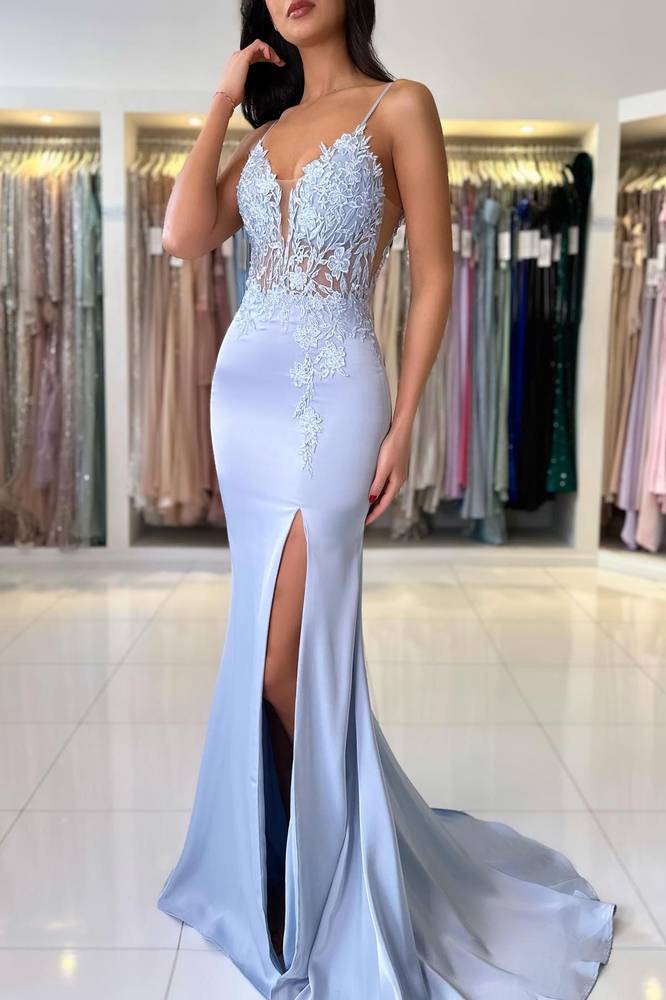 Spaghetti Straps Black Applique Mermaid Prom Dress