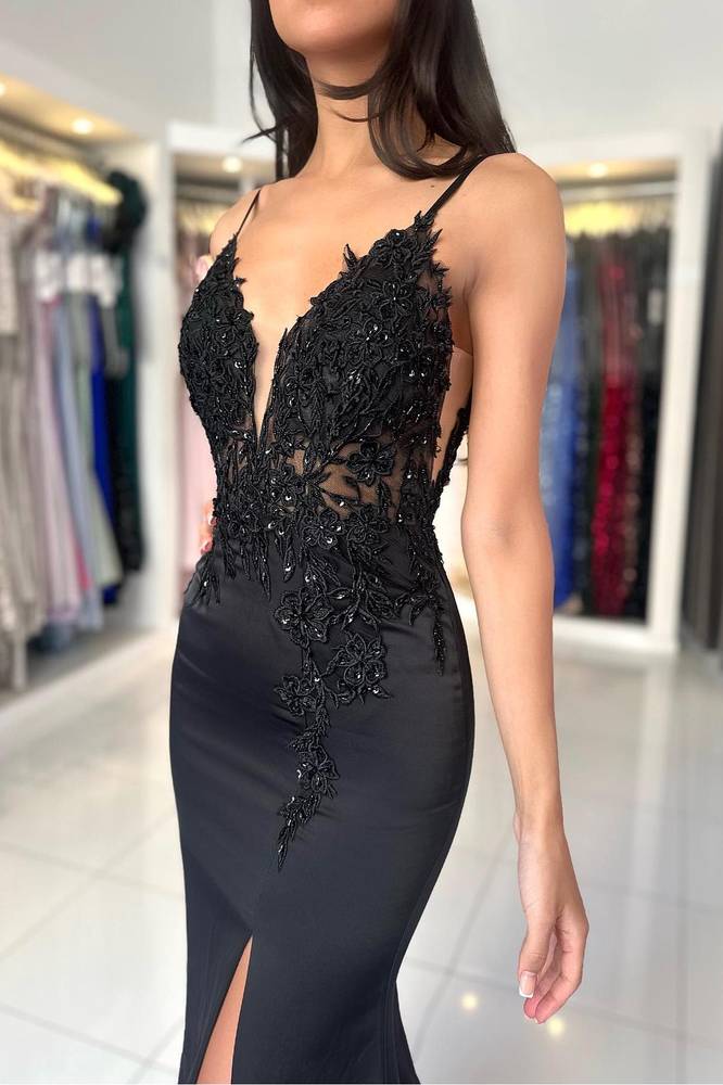 Spaghetti Straps Black Applique Mermaid Prom Dress