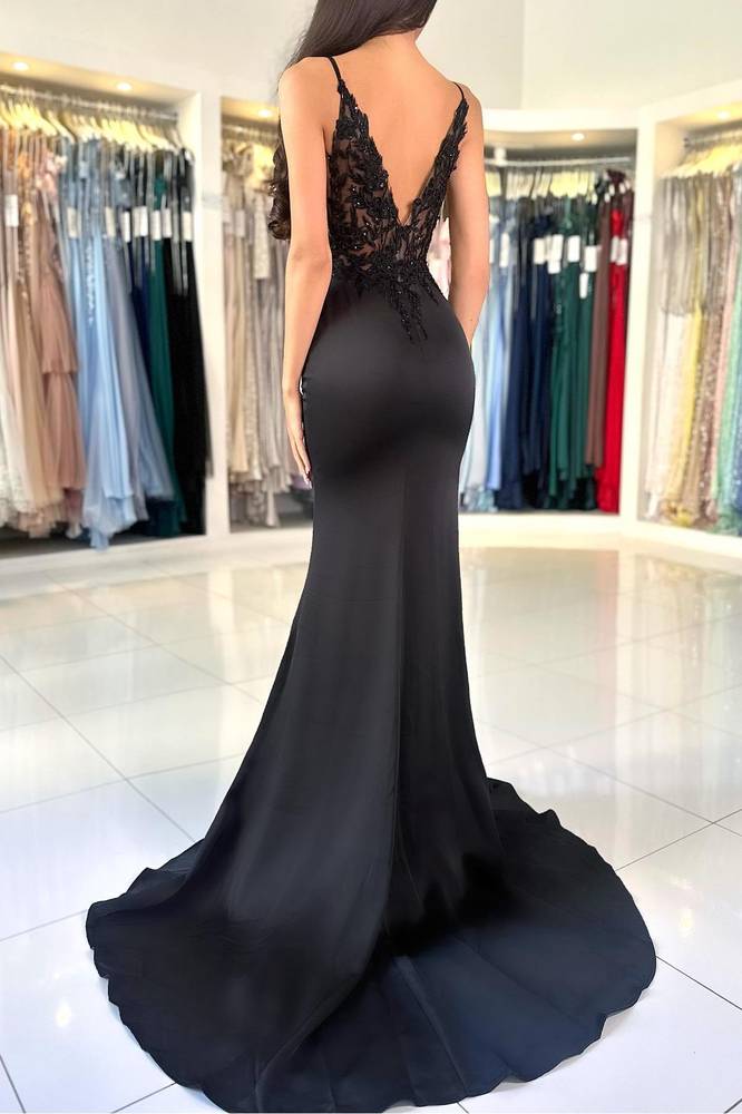 Spaghetti Straps Black Applique Mermaid Prom Dress