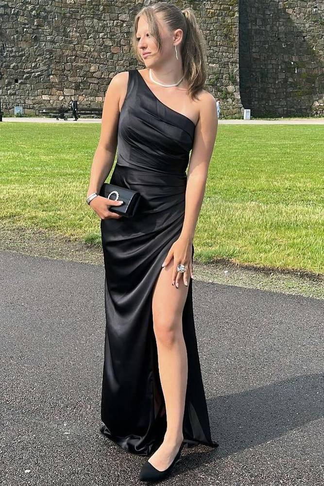 One Shoulder Black Sheath Mermaid Prom Dress with Slit