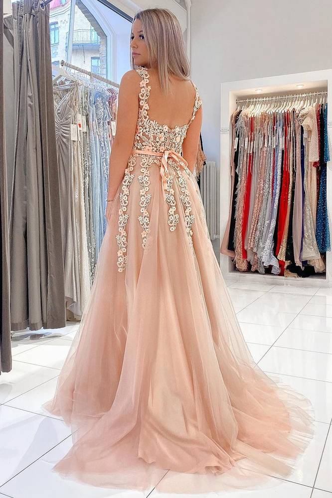 Elegant Sky Blue Applique A-Line Tulle Prom Dress