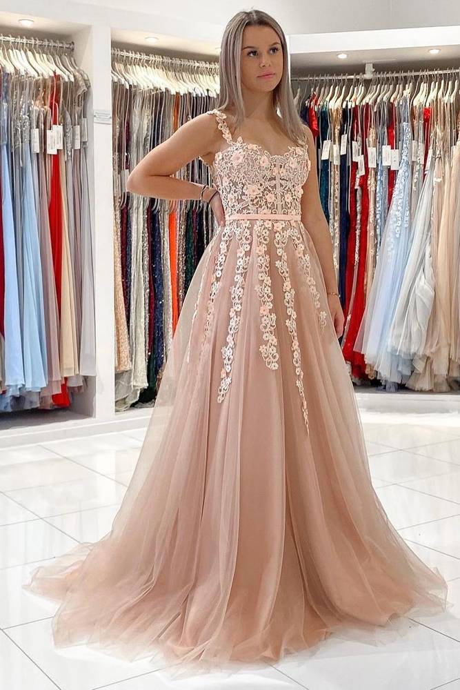 Elegant Sky Blue Applique A-Line Tulle Prom Dress
