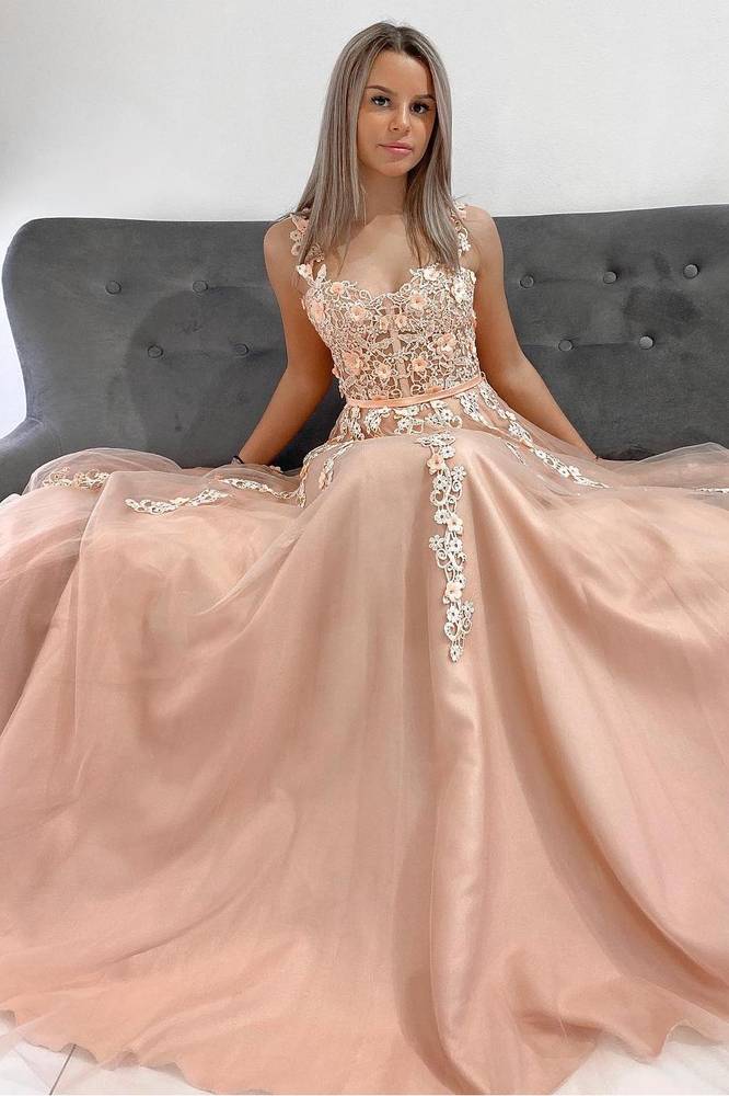 Elegant Sky Blue Applique A-Line Tulle Prom Dress