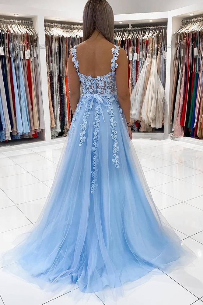 Elegant Sky Blue Applique A-Line Tulle Prom Dress