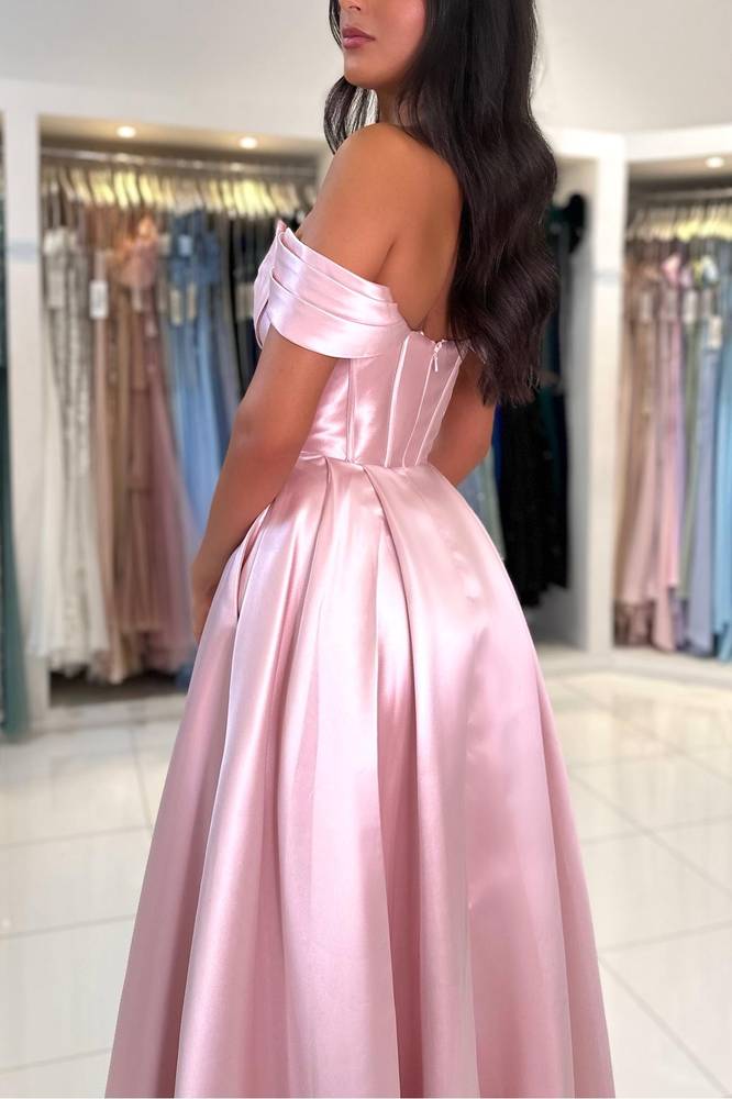 Elegant Pink Off the Shoulder Pleated Satin Prom Dress