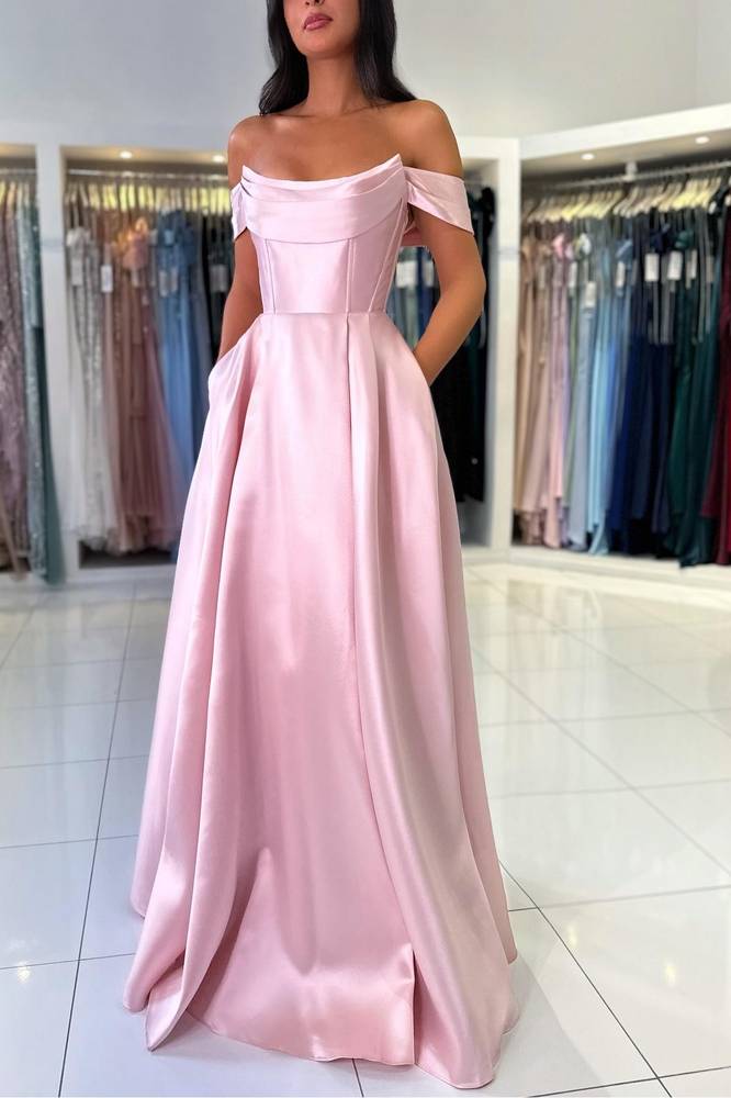 Elegant Pink Off the Shoulder Pleated Satin Prom Dress