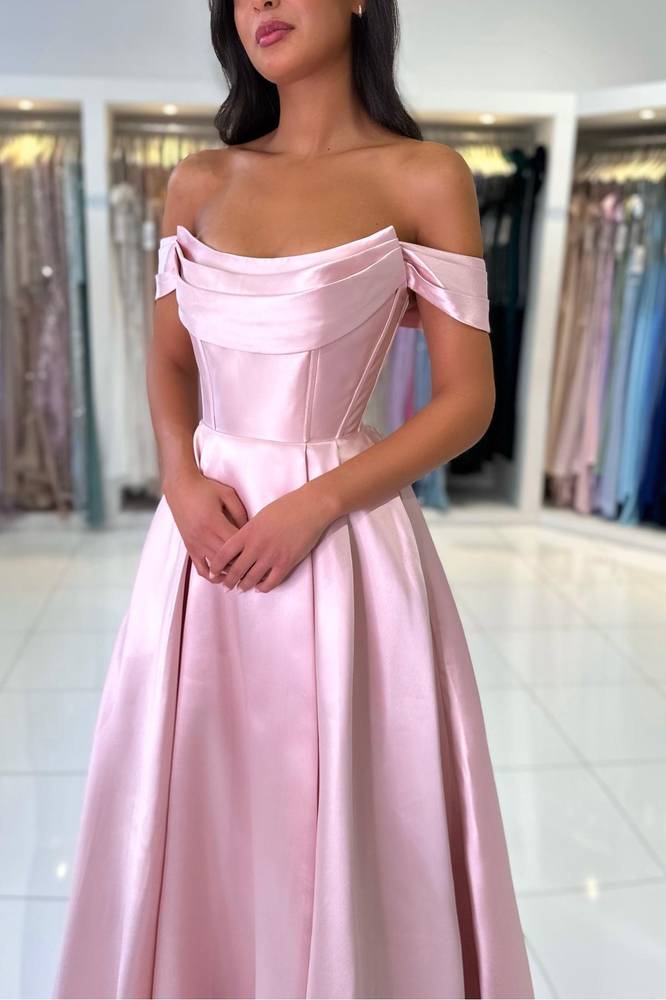 Elegant Pink Off the Shoulder Pleated Satin Prom Dress