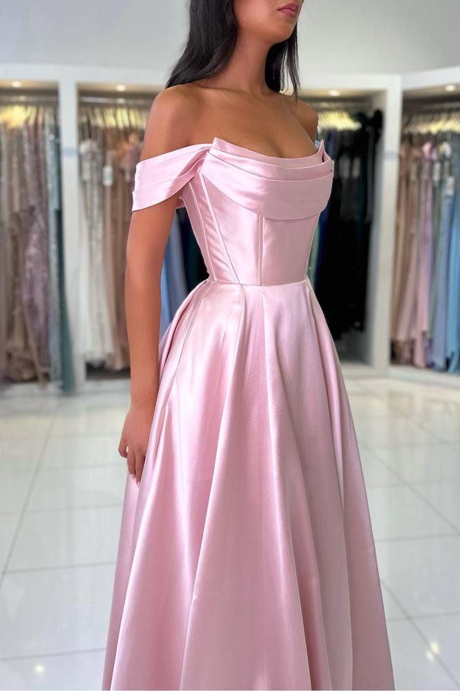 Elegant Pink Off the Shoulder Pleated Satin Prom Dress