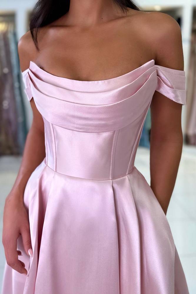 Elegant Pink Off the Shoulder Pleated Satin Prom Dress