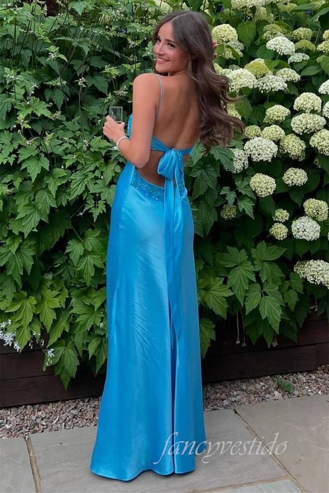 Elegant Straps Blue Beaded Applique Sheath Maxi Dress