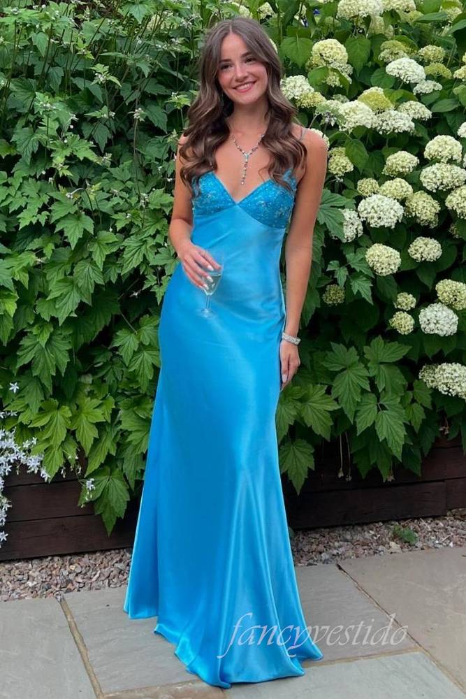 Elegant Straps Blue Beaded Applique Sheath Maxi Dress
