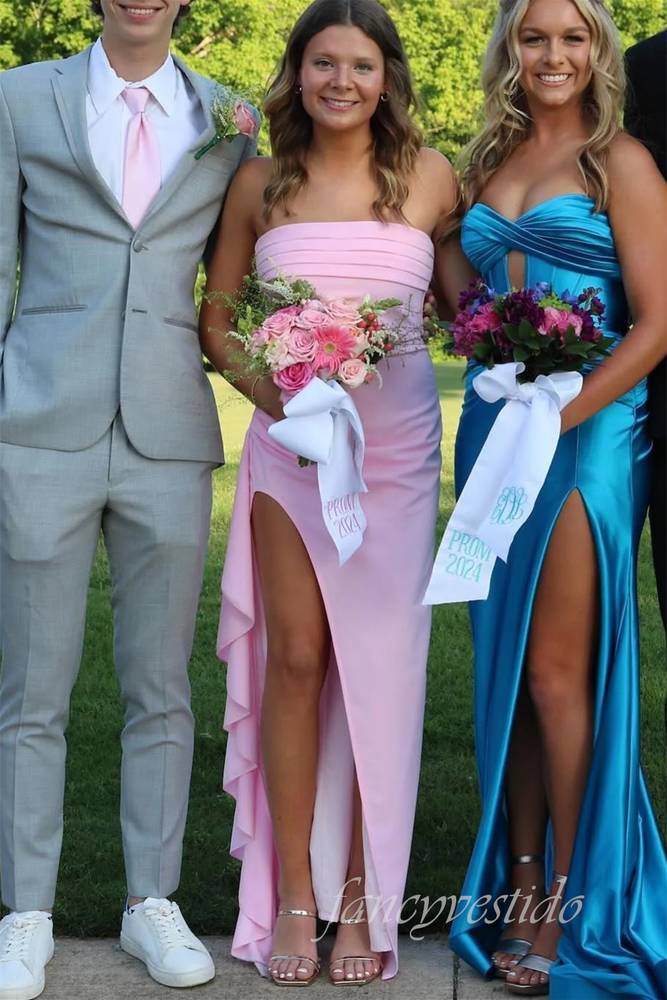 Elegant Strapless Yellow Mermaid Party Dress with Ruffle Slit