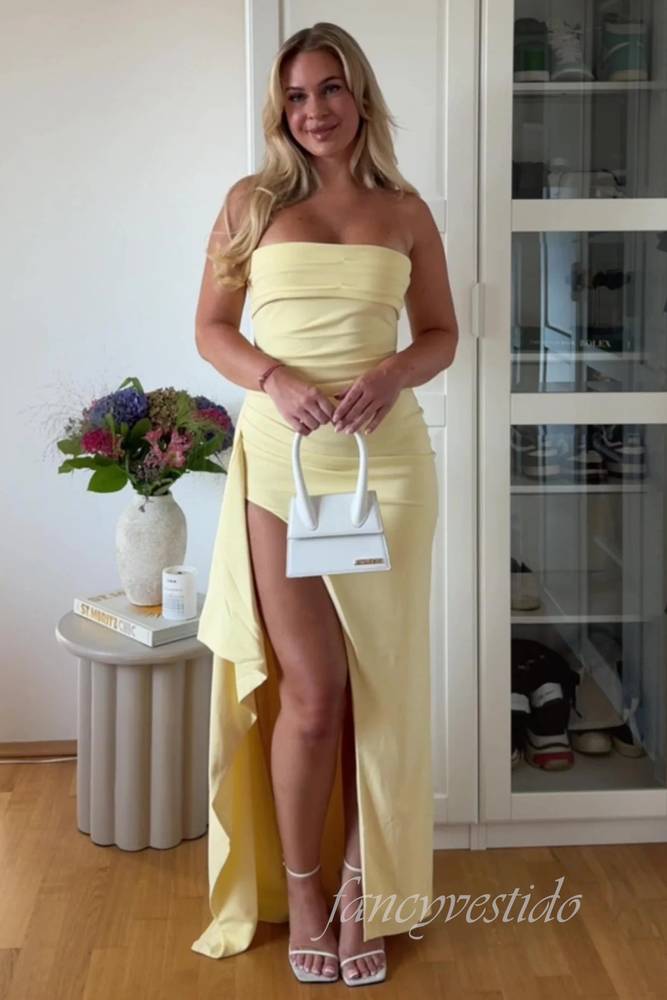 Elegant Strapless Yellow Mermaid Party Dress with Ruffle Slit