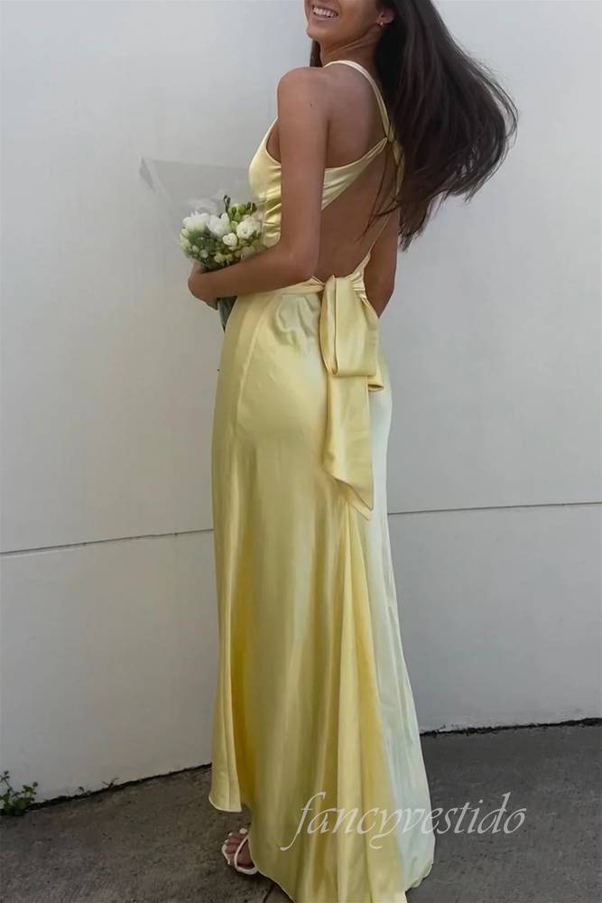 Saxi V-Neck Yellow Mermaid Maxi Dress with Lace-up Back